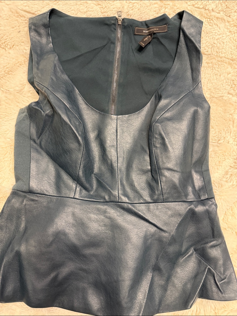 BCBGMaxAzria Dark Navy Faux Leather Peplum Top